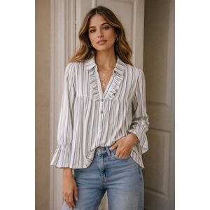 Orna Farho Paris Flora Striped Ruffle Babydoll Blouse Black White France Viscose